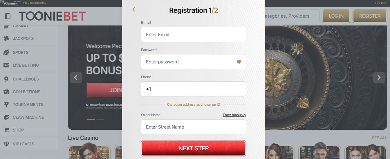 Register a new Tooniebet account by filling in your email, password, and Canadian address details