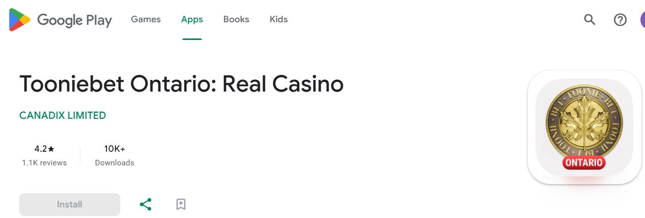 Download and install Tooniebet Ontario real casino app from Google Play