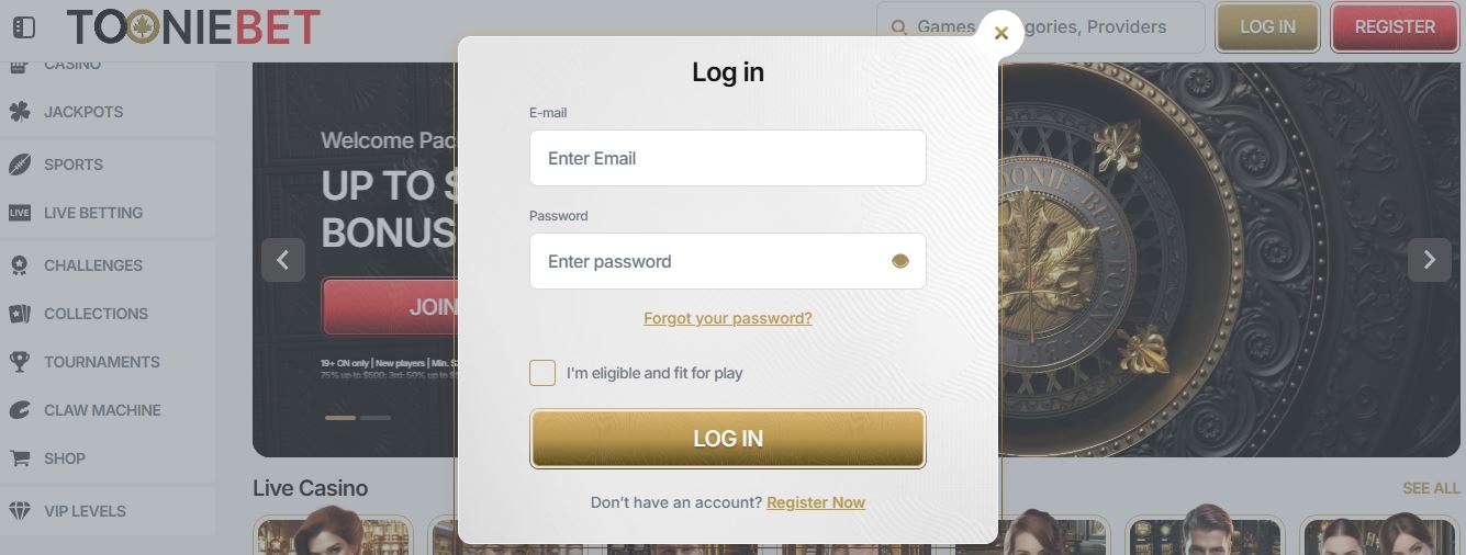 Use your email and password to log in to your casino account on the desktop version